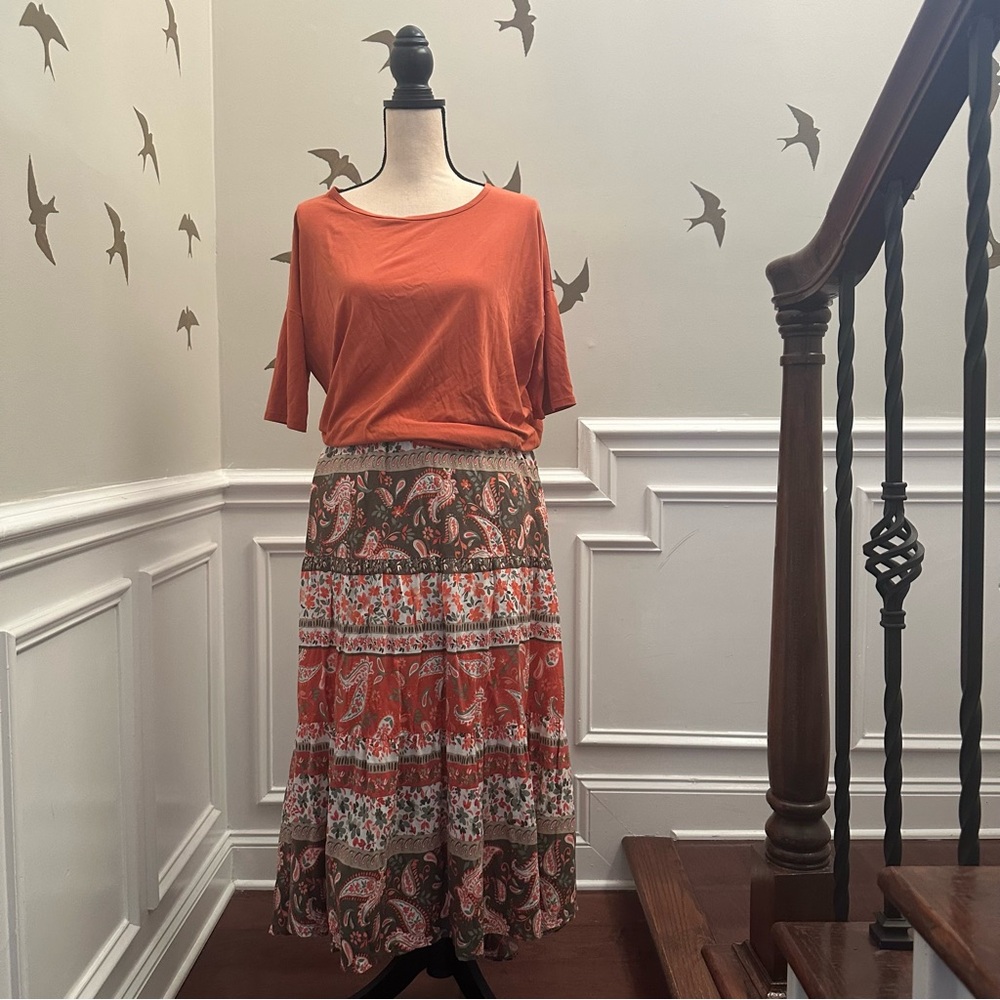 Allison Daley Skirt Womens Orange Olive Green Paisley Pockets Elastic Waist LG